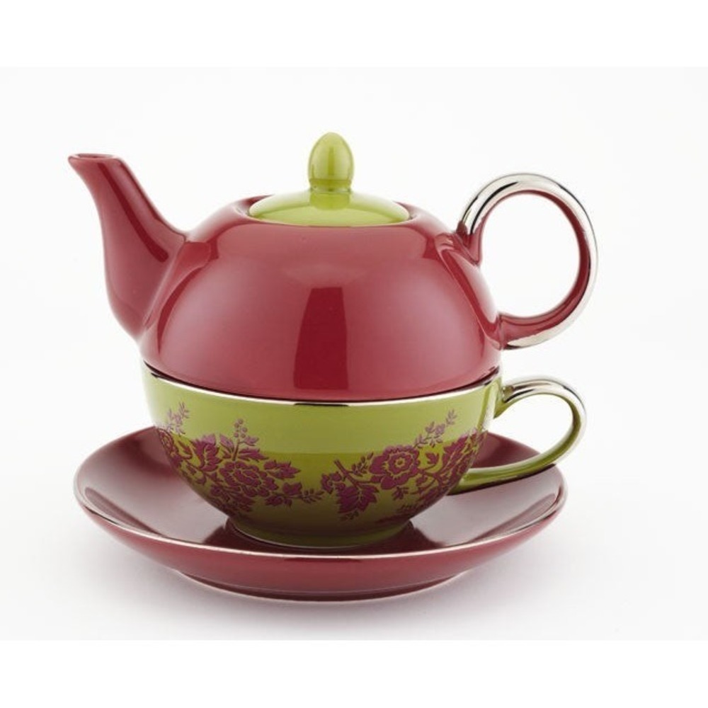 Teapot For One with Tea Cup and Saucer Red Green Flowers